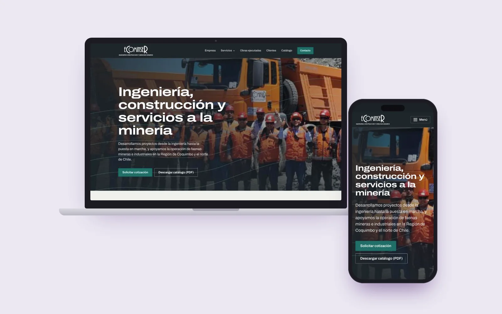 Sitio de Ecominser en un notebook y un celular, con la portada de ingeniería, construcción y servicios a la minería