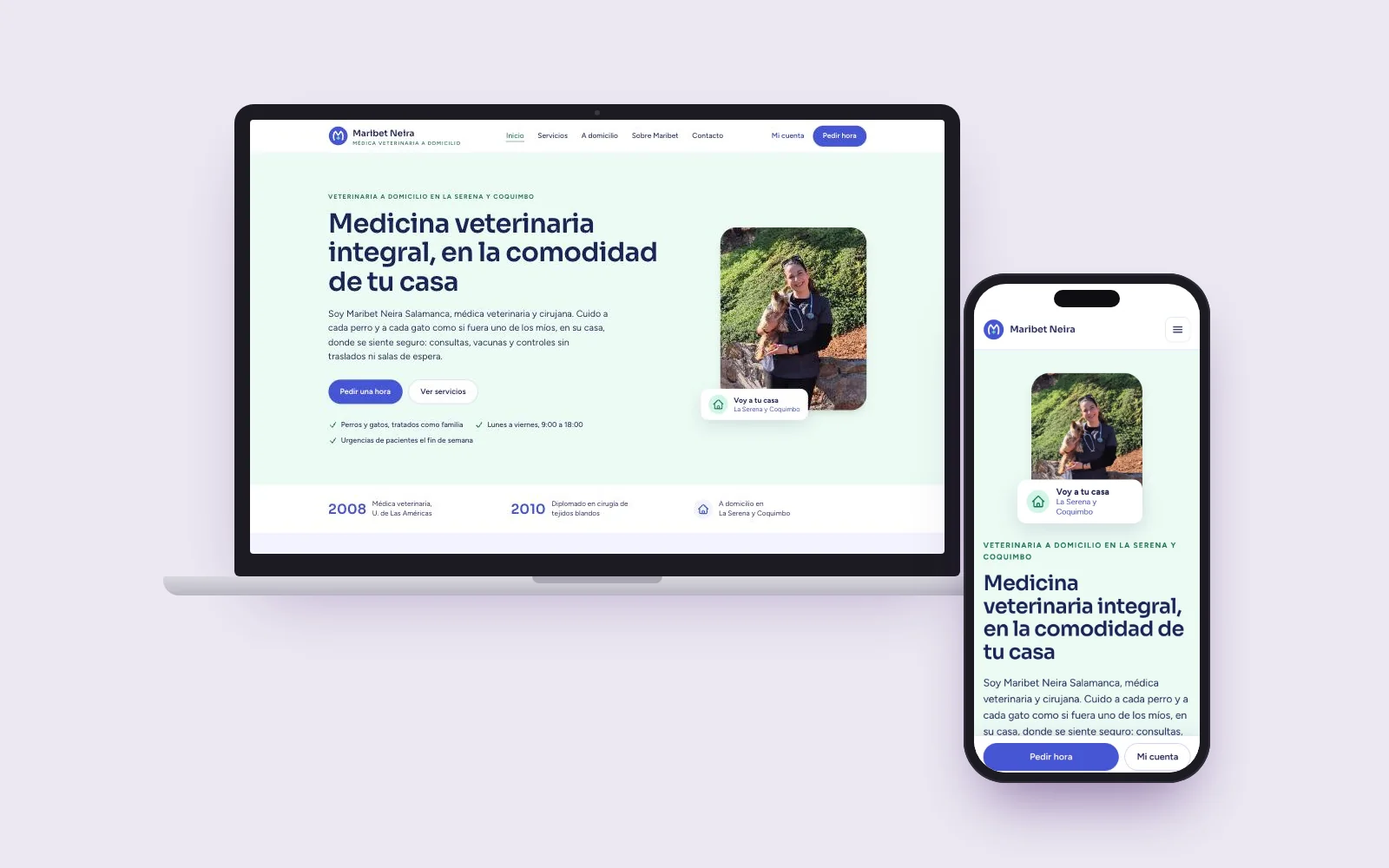 Sitio web de Maribet Neira en un notebook y un celular, con la portada de veterinaria a domicilio