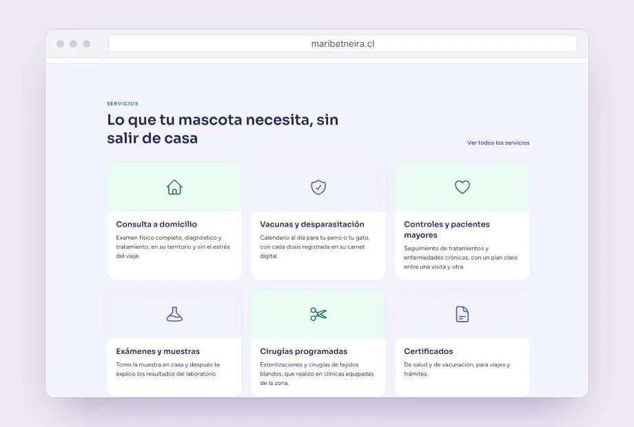 Servicios a domicilio, con íconos y descripciones breves.
