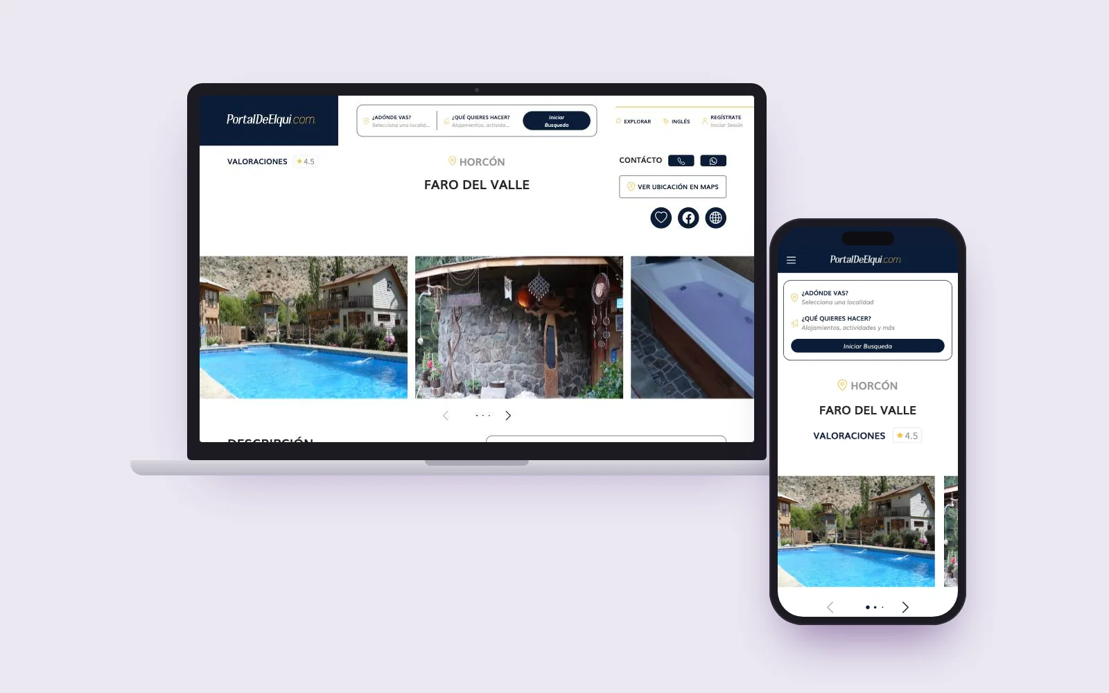 Ficha de un alojamiento en PortalDeElqui.com, con fotos, valoraciones y contacto, en notebook y celular