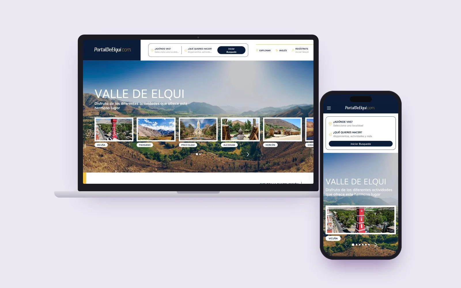 PortalDeElqui.com en un notebook y un celular, con el buscador de alojamientos y destinos del Valle de Elqui